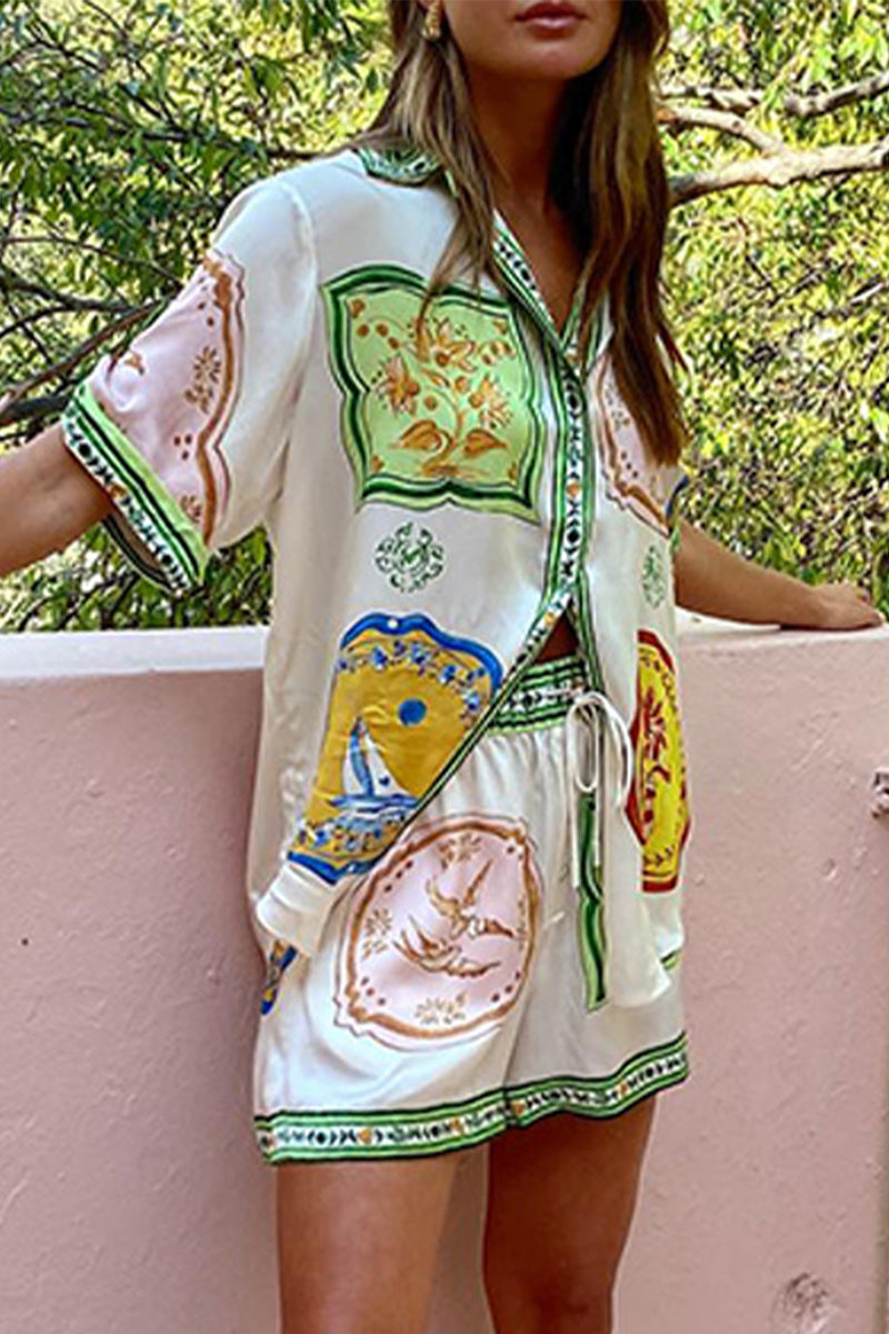 Casual Street Animal Print Pocket Turndown Collar Short Sleeve Two Pieces - Fashionpara