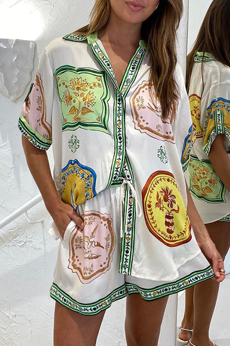 Casual Street Animal Print Pocket Turndown Collar Short Sleeve Two Pieces - Fashionpara