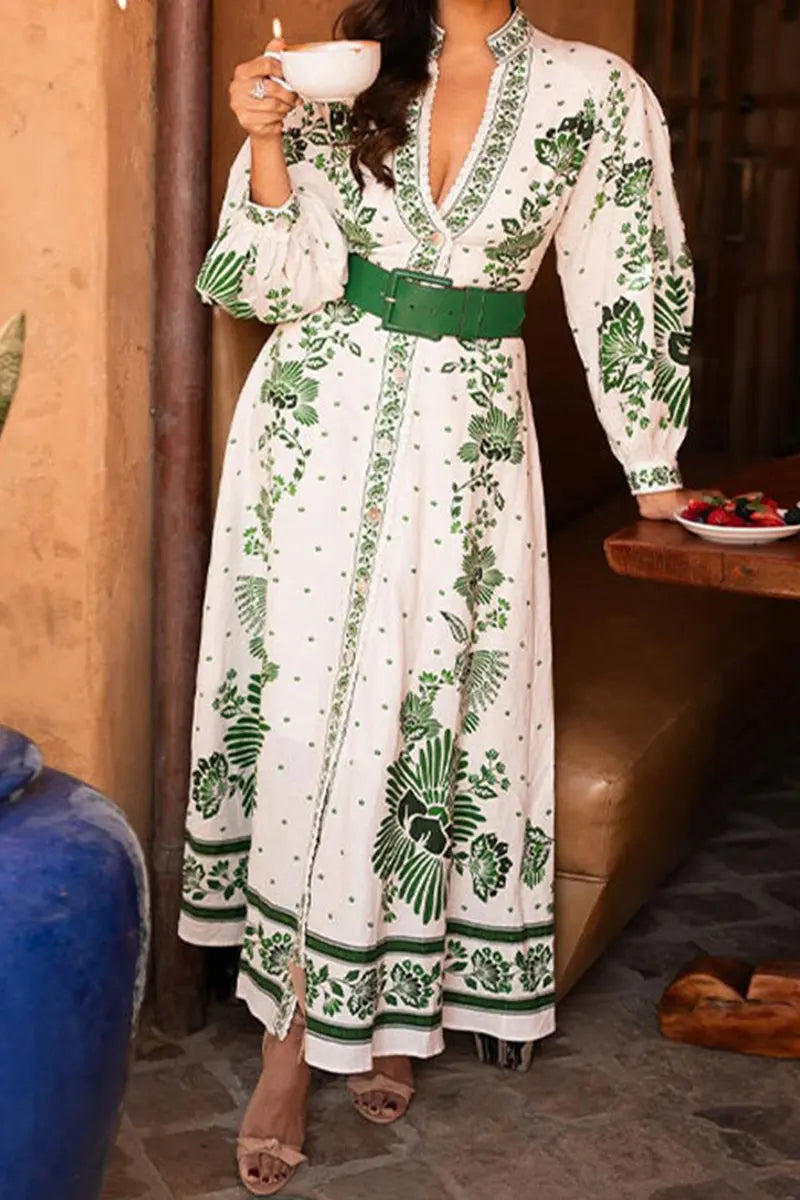Casual Vacation Floral Print Buckle V Neck Long Sleeve Dresses  Fashionpara