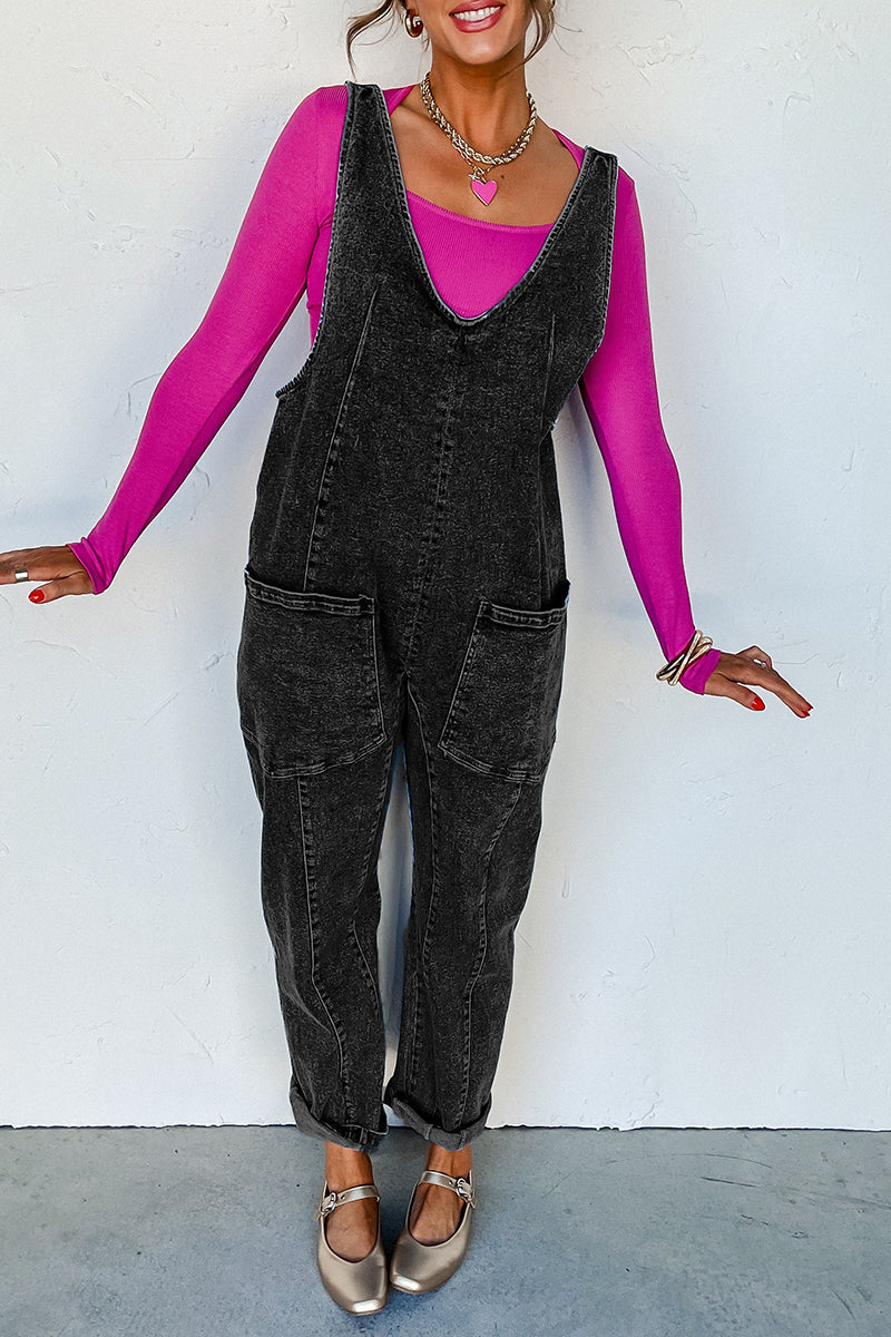 Casual Street Solid Color Distressed Pocket V Neck Sleeveless Loose Denim Jumpsuits - Fashionpara