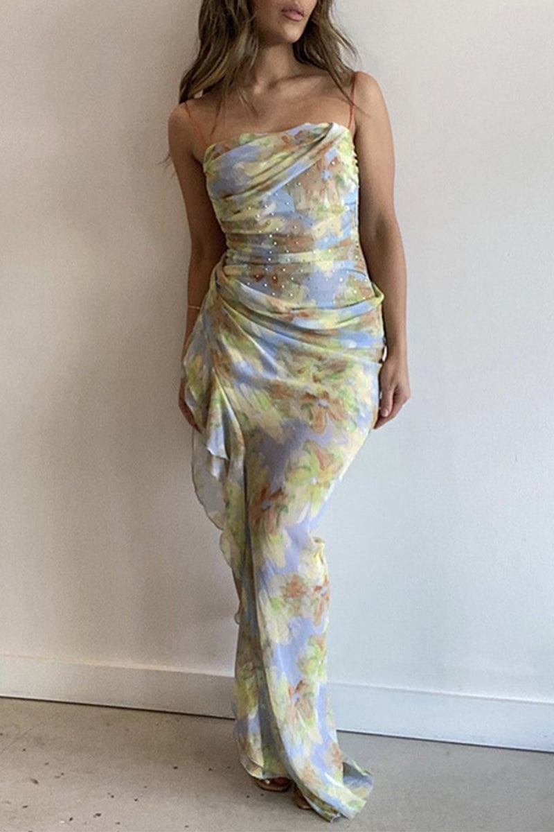 Sexy Gradient Print Lace Up Backless Hot Drill U Neck Long Dresses - Fashionpara