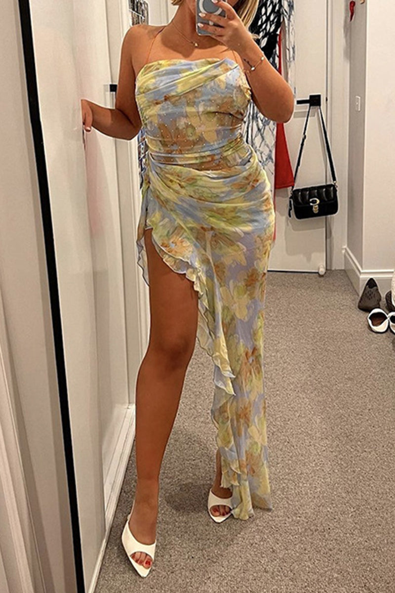 Sexy Gradient Print Lace Up Backless Hot Drill U Neck Long Dresses - Fashionpara