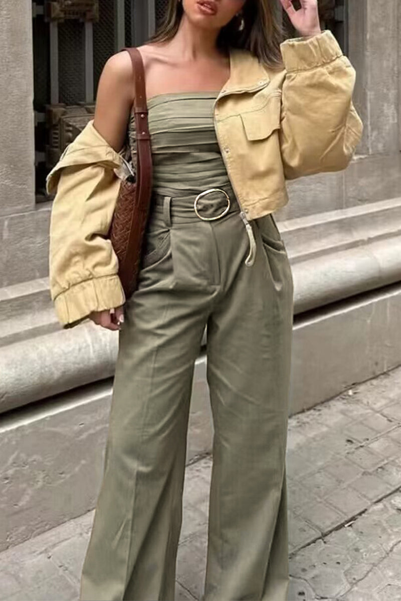 Casual Street Solid Color Pocket Ruched With Belt Strapless Sleeveless Two Pieces - Fashionpara