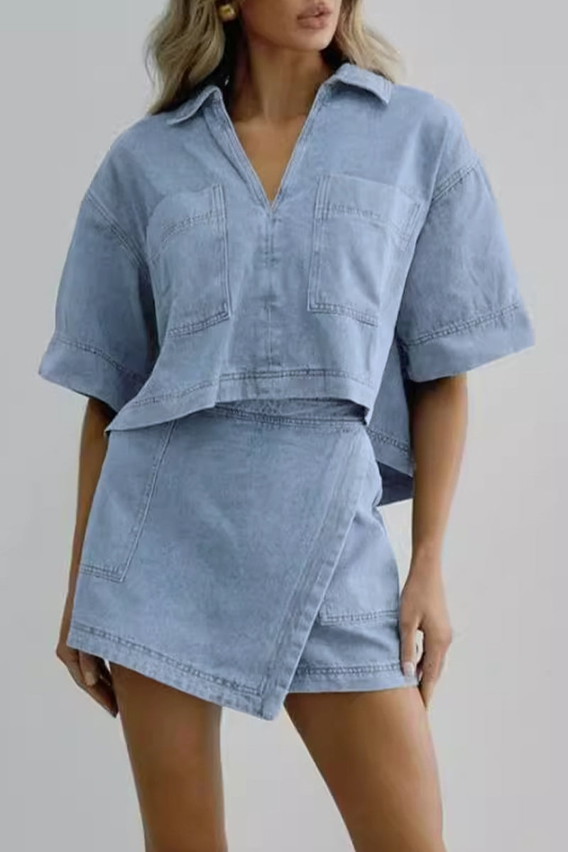 Casual Street Solid Color Pocket Irregular POLO collar Two Pieces - Fashionpara