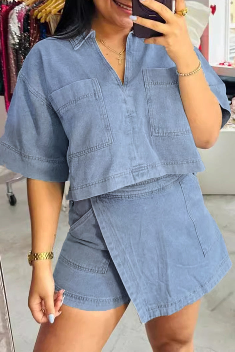 Casual Street Solid Color Pocket Irregular POLO collar Two Pieces - Fashionpara