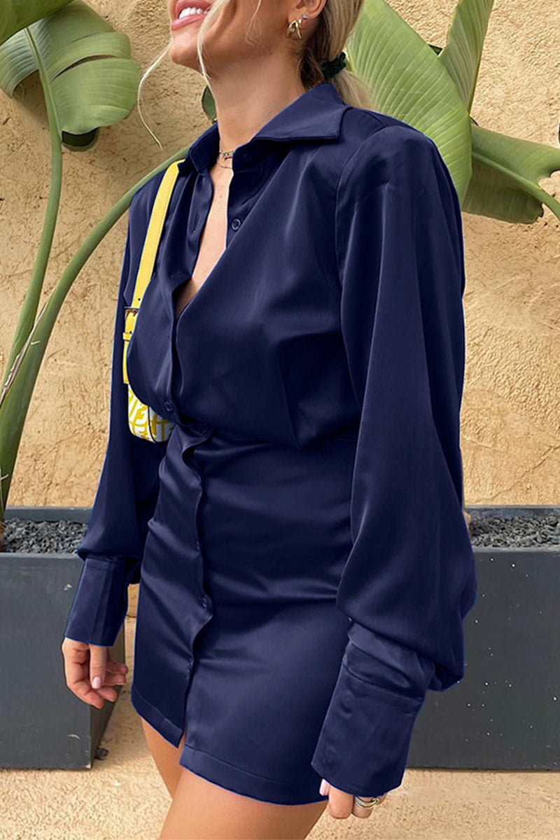 Sexy Solid Color Buttons Turndown Collar Shirt Dresses - Fashionpara