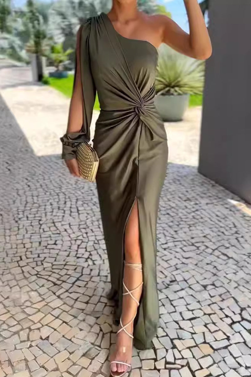Sexy Solid Color Slit Ruched Knotted Sloping Shoulder Long Dresses - Fashionpara