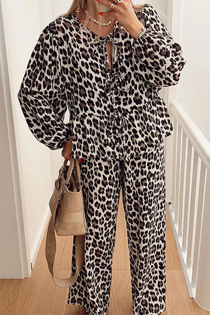 Casual Daily Leopard Print Lace Up Ruffle O Neck Long Sleeve Two Pieces - Fashionpara