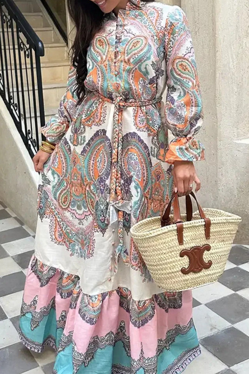 Casual Daily National Totem Print Lace Up Buckle O Neck A Line Dresses - Fashionpara