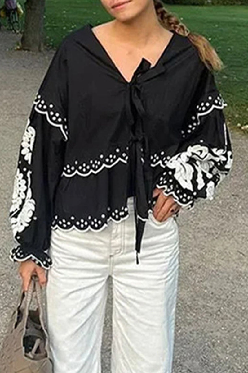 Casual Solid Color Hollow Out Lace Up Patchwork V Neck Blouses(3 Colors) - Fashionpara