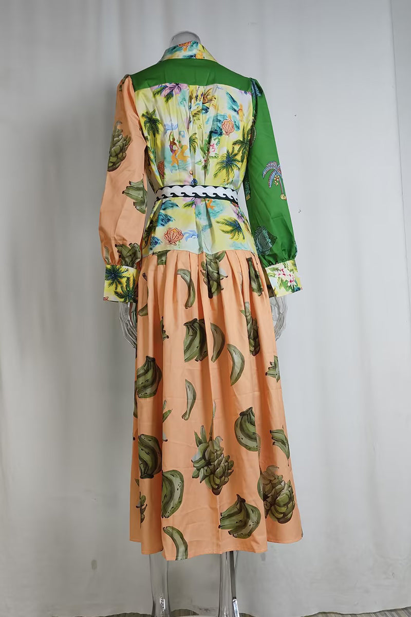 Casual Street Floral Print Lace Up Buckle Contrast Turndown Collar A Line Dresses - Fashionpara