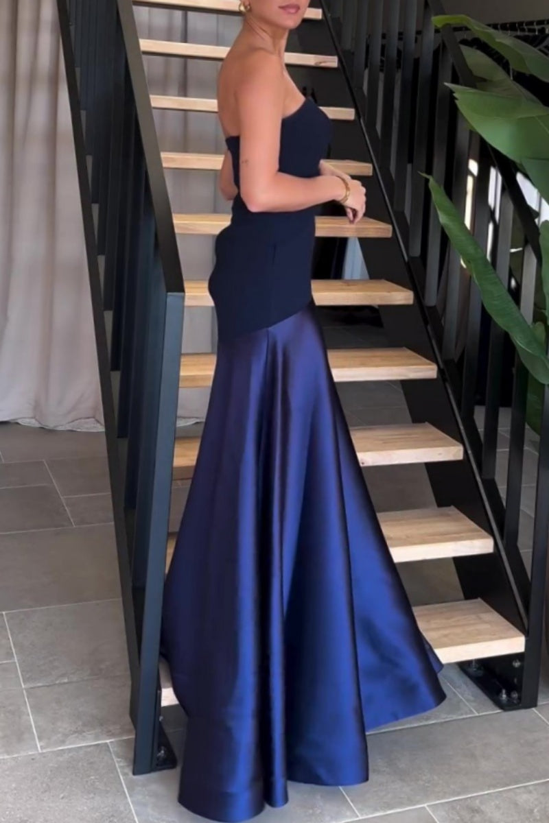 Sexy Formal Patchwork Backless Contrast Strapless Long Dresses - Fashionpara