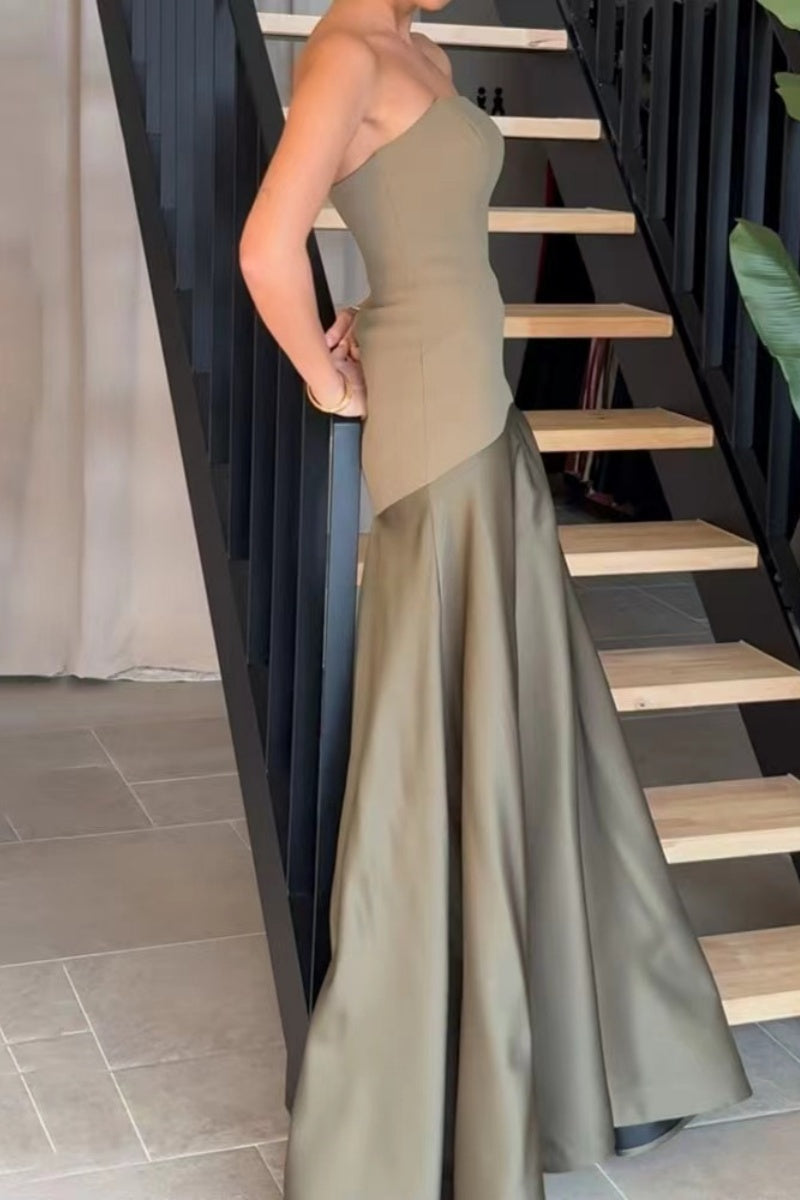 Sexy Formal Patchwork Backless Contrast Strapless Long Dresses - Fashionpara