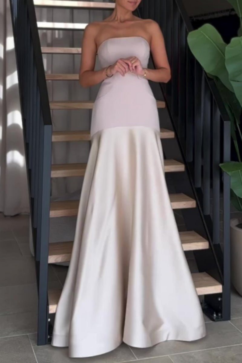 Sexy Formal Patchwork Backless Contrast Strapless Long Dresses - Fashionpara