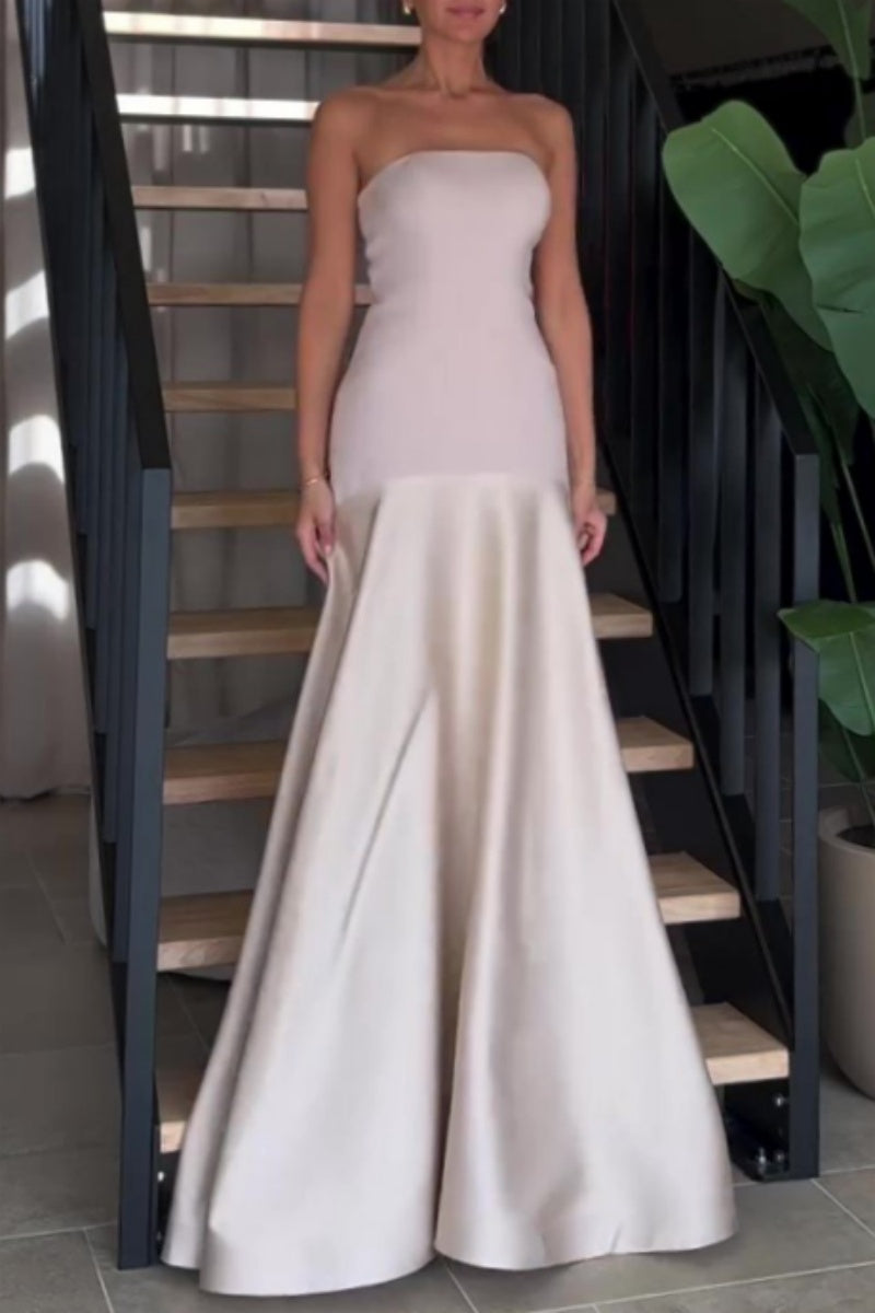 Sexy Formal Patchwork Backless Contrast Strapless Long Dresses - Fashionpara