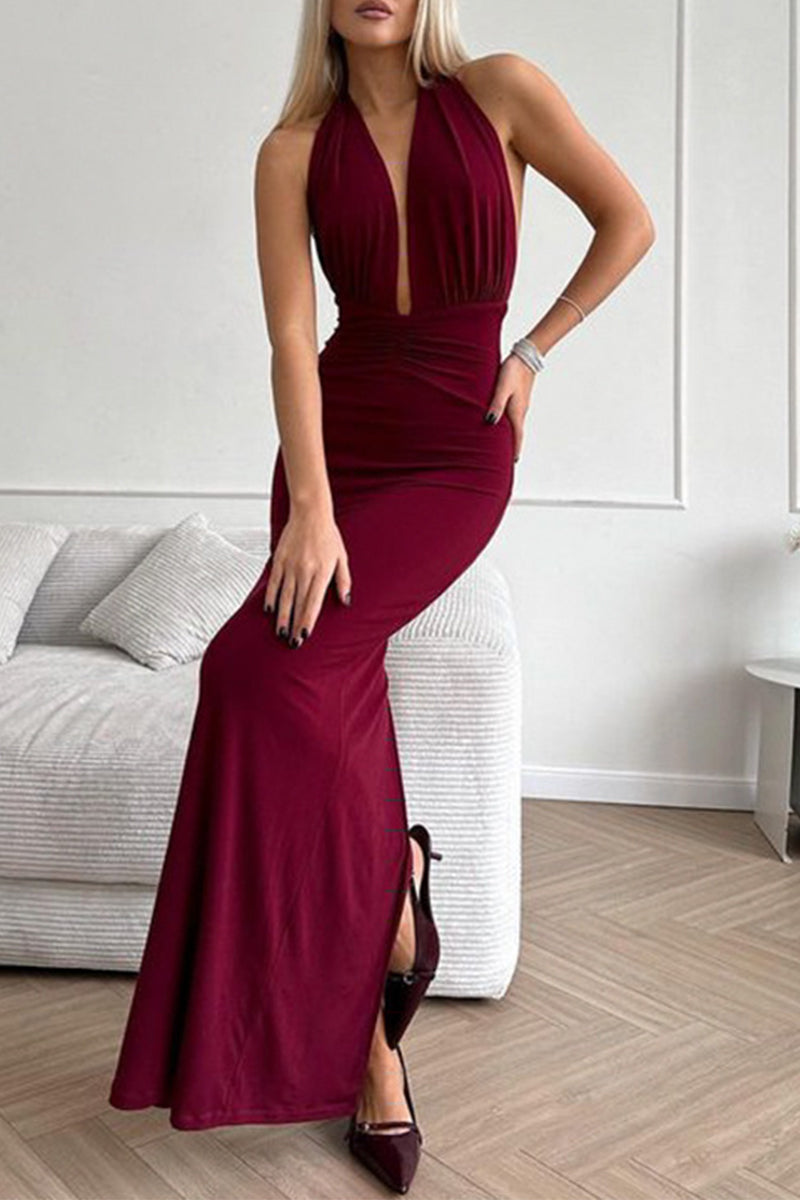 Sexy Solid Color Backless Ruched Halter Evening Dresses - Fashionpara