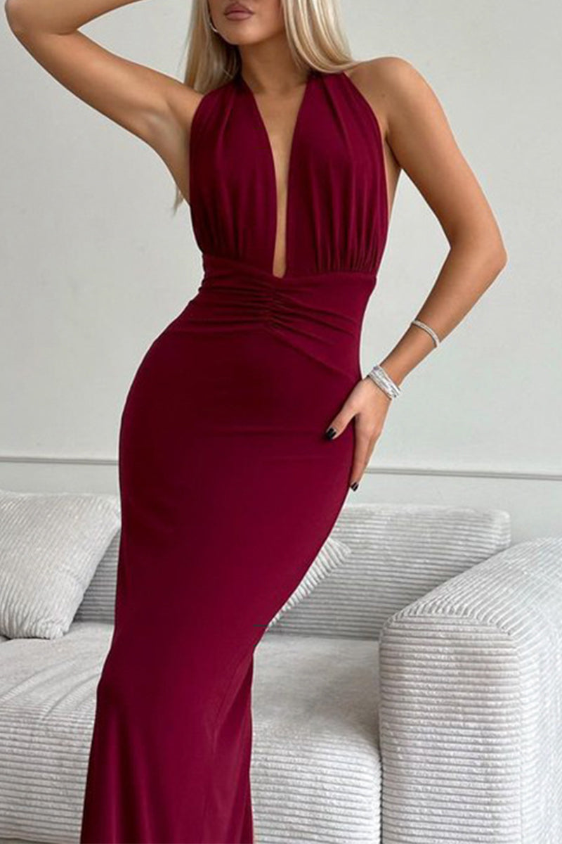 Sexy Solid Color Backless Ruched Halter Evening Dresses - Fashionpara