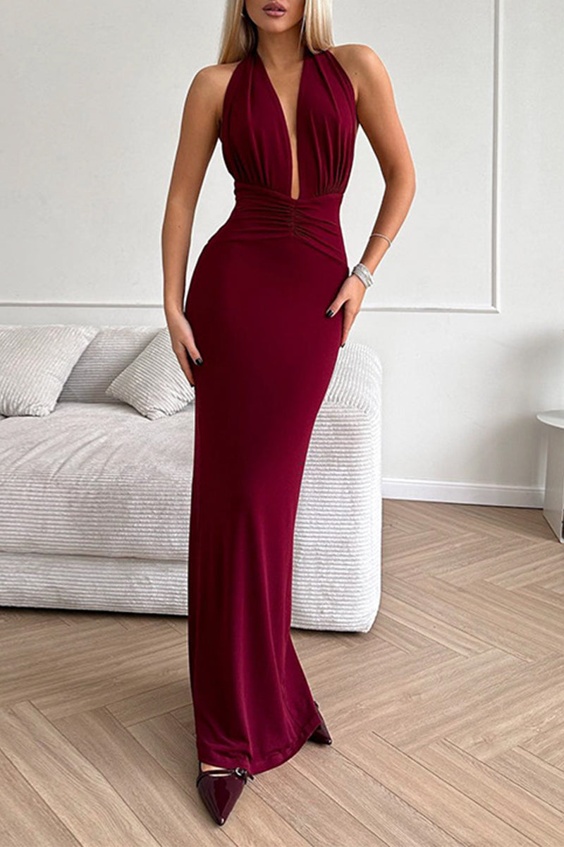 Sexy Solid Color Backless Ruched Halter Evening Dresses - Fashionpara