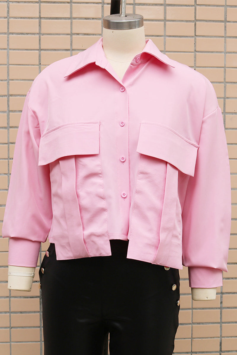 Casual Daily Solid Color Buttons Patchwork Shirt Collar Tops(3 Colors) - Fashionpara