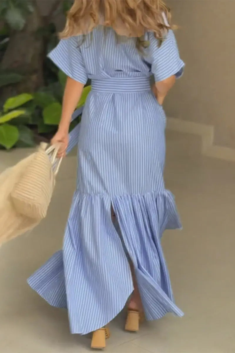 Casual Daily Striped Print Pocket Lace Up Shirt Short Sleeve Dress Fashionpara