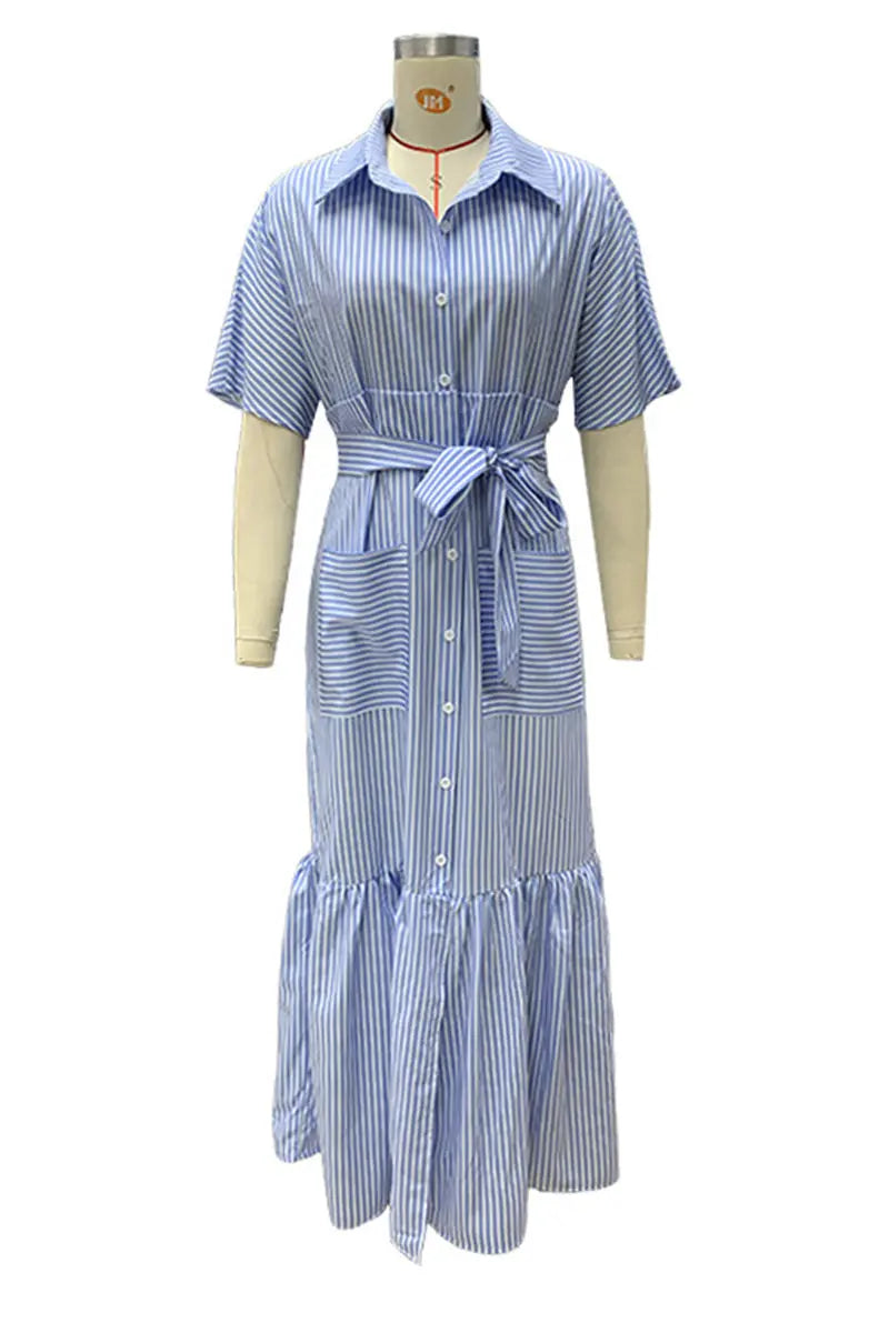 Casual Daily Striped Print Pocket Lace Up Shirt Short Sleeve Dress Fashionpara
