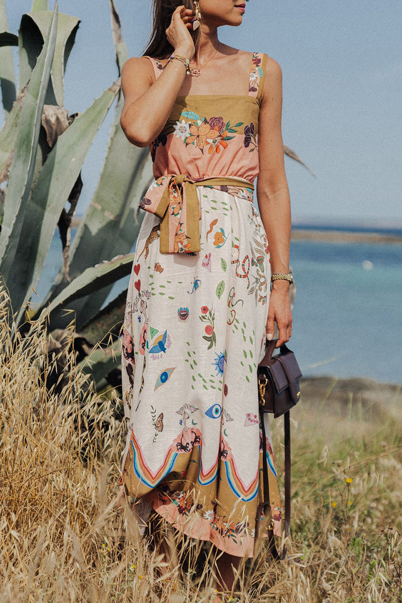 Casual Vacation Animal Print Fruit Print Lace Up Square Neck Sling Dresses - Fashionpara