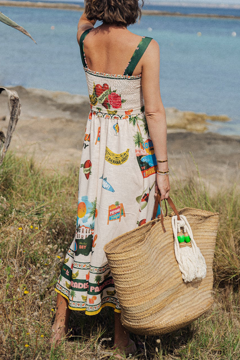 Casual Vacation Animal Print Fruit Print Lace Up Square Neck Sling Dresses - Fashionpara