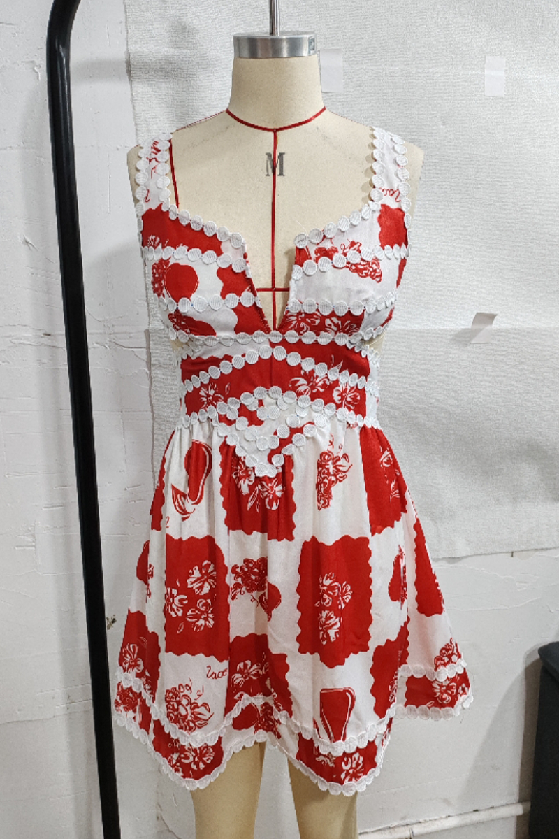 Sexy Flowers Print Patchwork Contrast V Neck Sling Dresses - Fashionpara