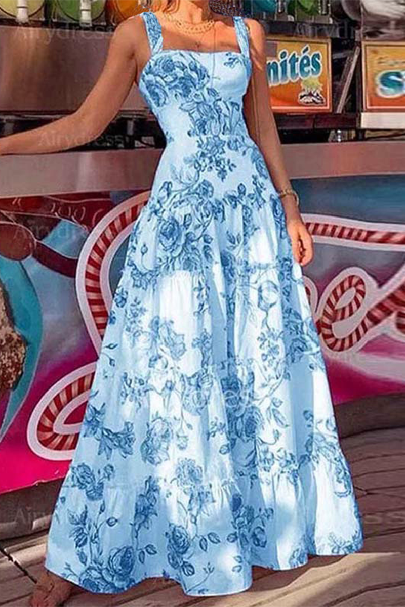Casual Vacation Flowers Print Square Neck Sling Dresses(3 Colors) - Fashionpara