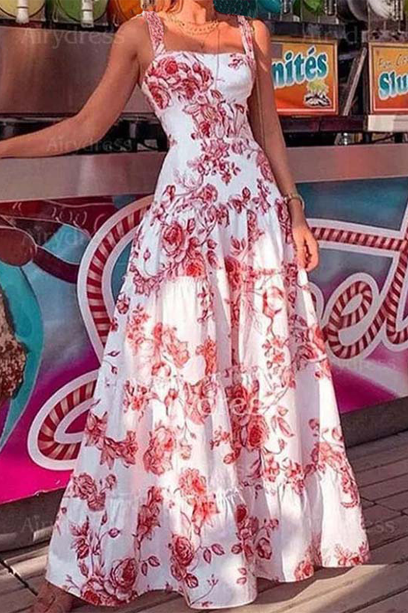 Casual Vacation Flowers Print Square Neck Sling Dresses(3 Colors) - Fashionpara