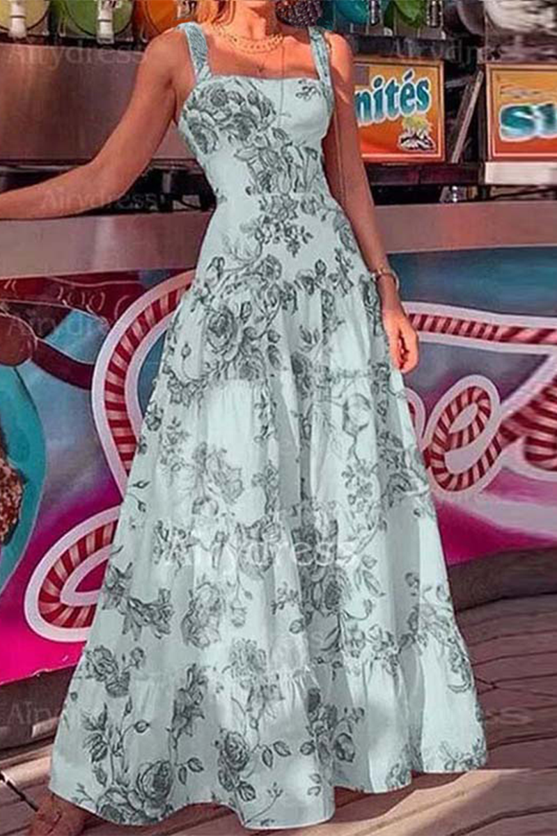 Casual Vacation Flowers Print Square Neck Sling Dresses(3 Colors) - Fashionpara