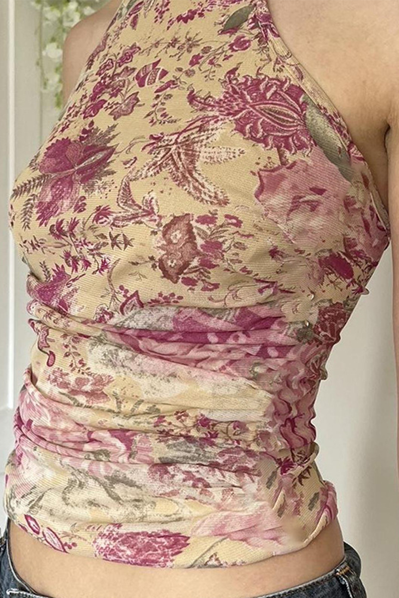 Sexy Floral Print Backless Halter Tops - Fashionpara