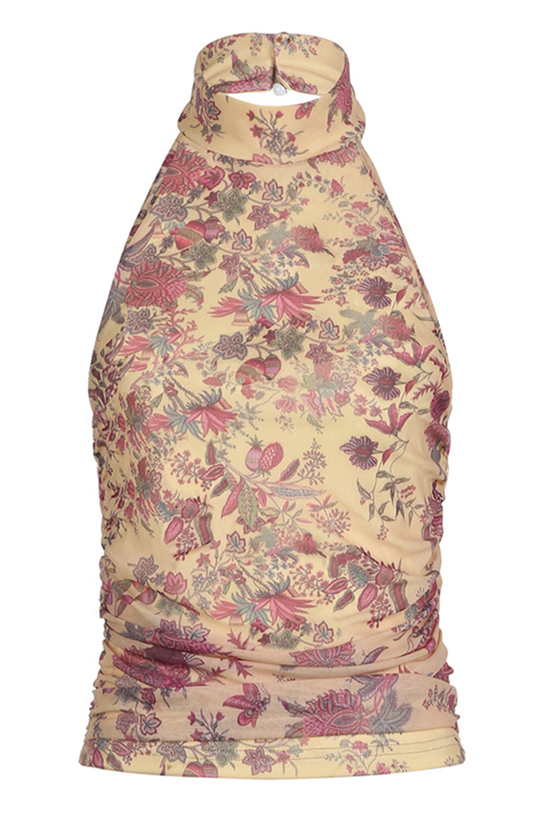 Sexy Floral Print Backless Halter Tops - Fashionpara