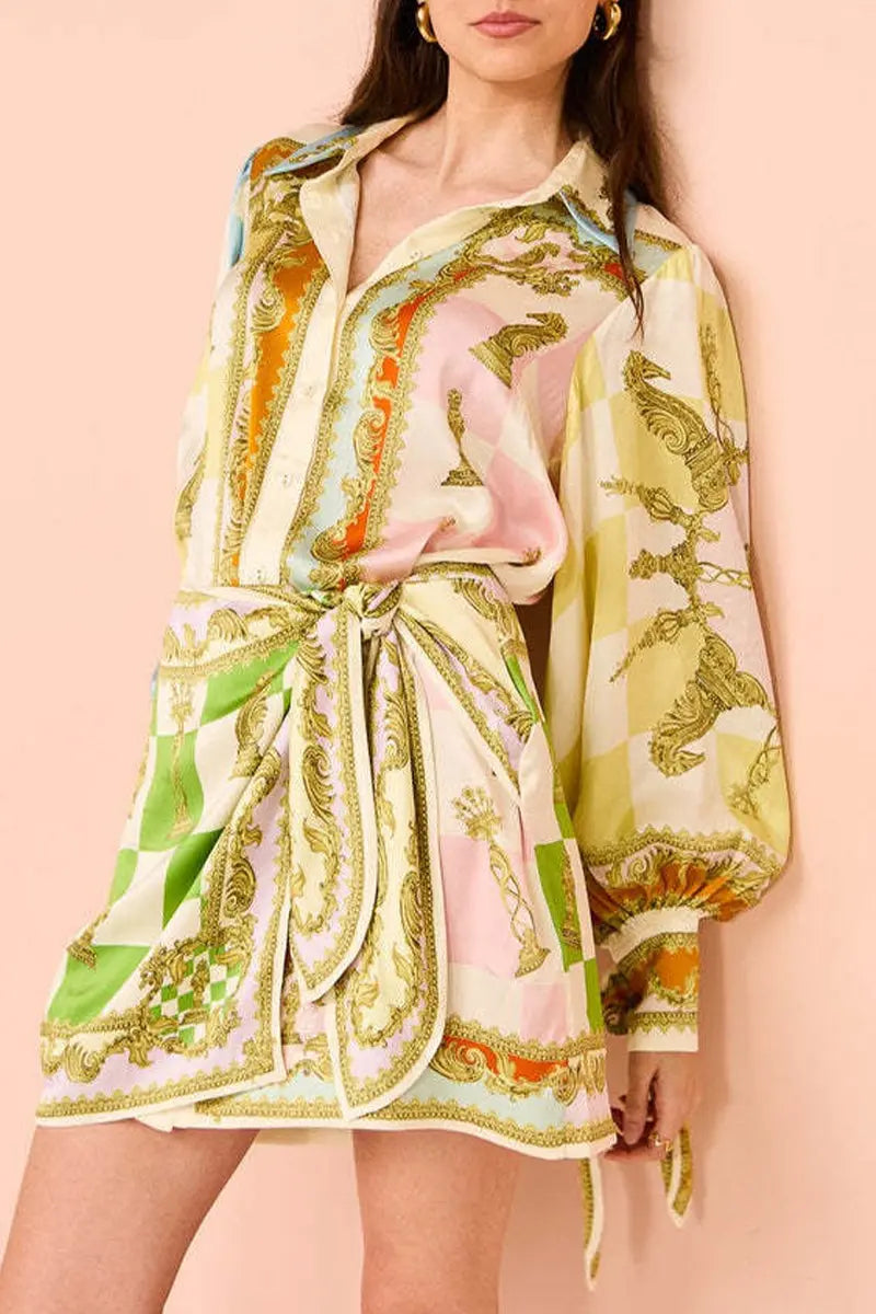 Casual Celebrities Geometric Print Lace Up Contrast Turndown Collar A Line Dresses Fashionpara