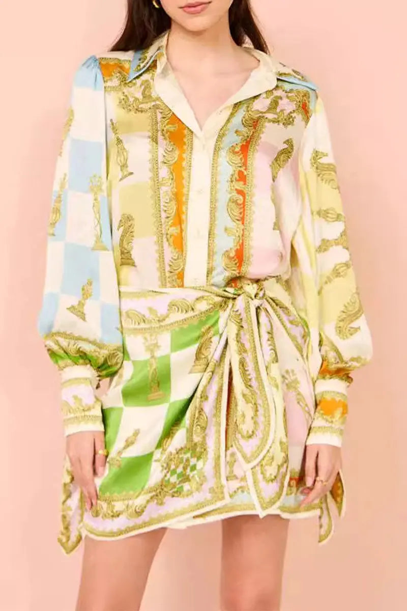 Casual Celebrities Geometric Print Lace Up Contrast Turndown Collar A Line Dresses Fashionpara