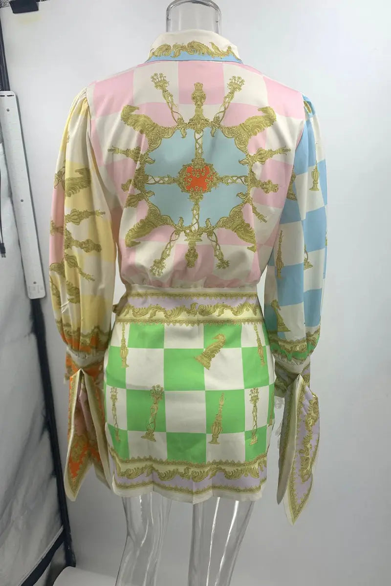 Casual Celebrities Geometric Print Lace Up Contrast Turndown Collar A Line Dresses Fashionpara