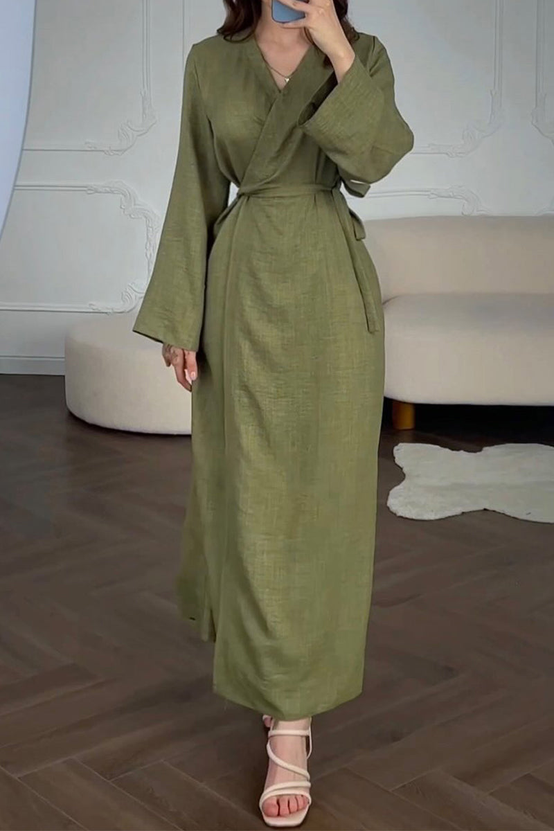 Casual Daily Solid Color Lace Up V Neck A Line Dresses - Fashionpara