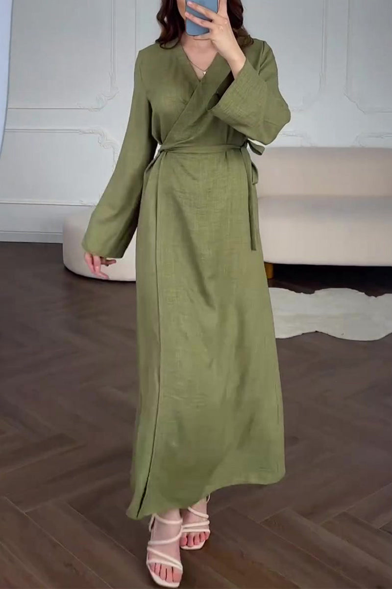 Casual Daily Solid Color Lace Up V Neck A Line Dresses - Fashionpara