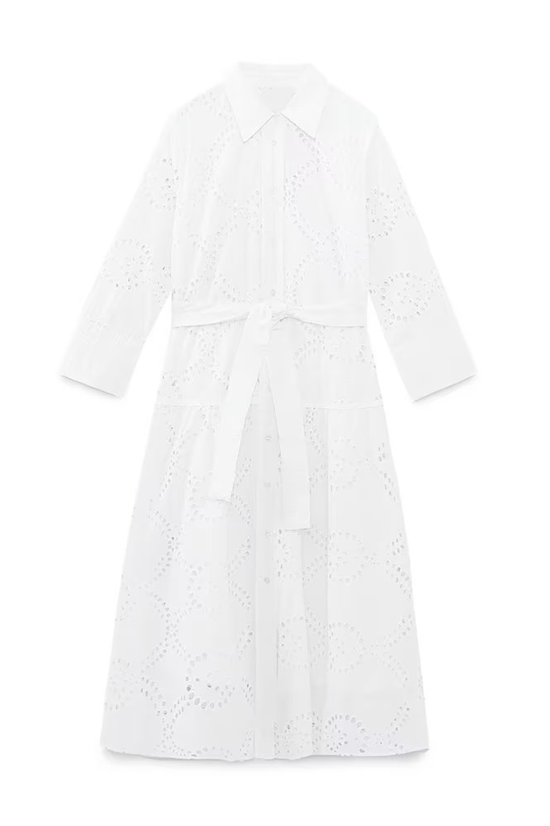 Casual Daily Solid Color Embroidered Hollow Out Lace Up Turndown Collar A Line Dresses - Fashionpara