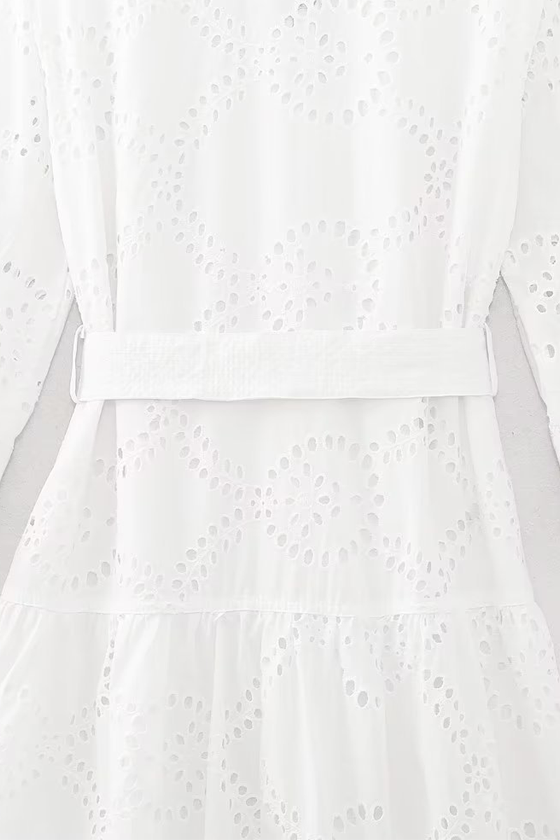 Casual Daily Solid Color Embroidered Hollow Out Lace Up Turndown Collar A Line Dresses - Fashionpara