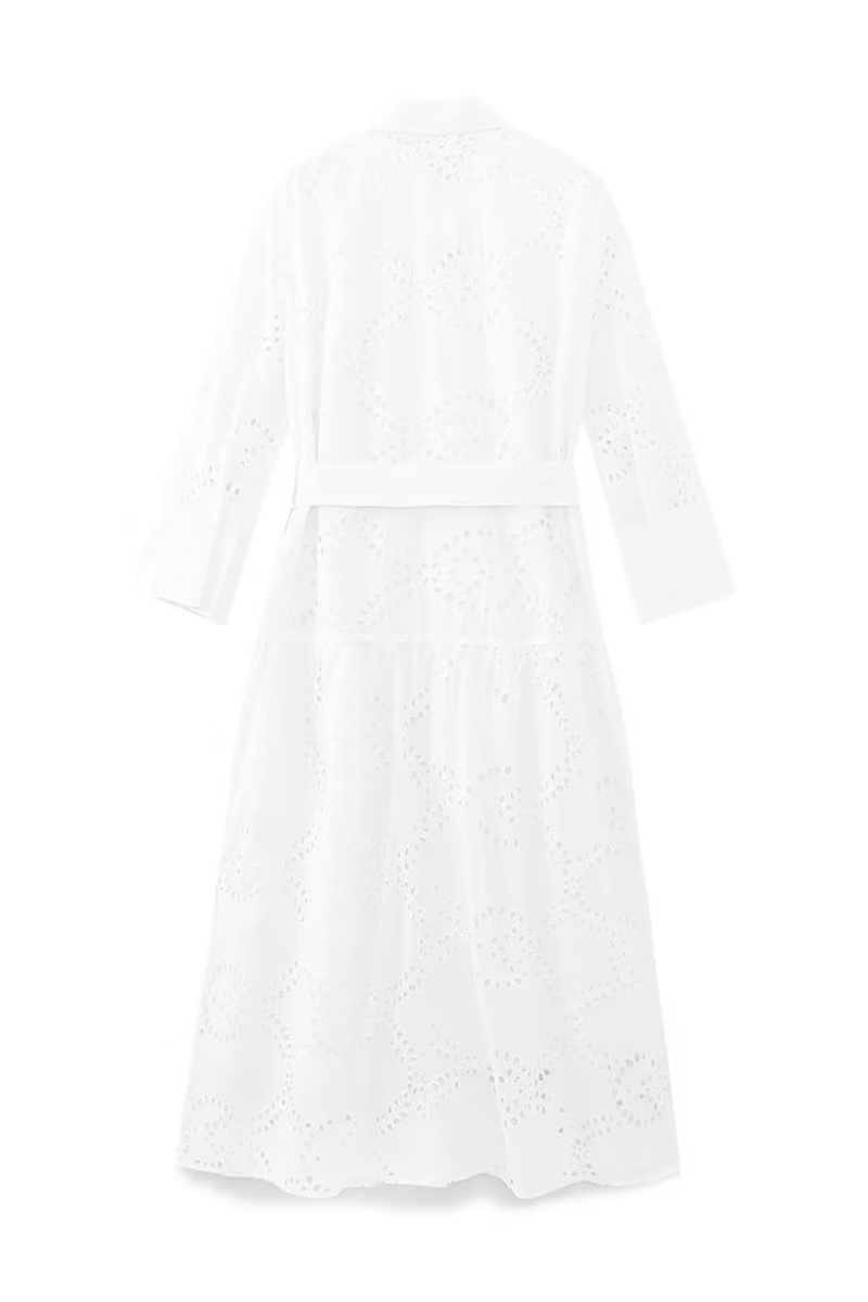 Casual Daily Solid Color Embroidered Hollow Out Lace Up Turndown Collar A Line Dresses - Fashionpara