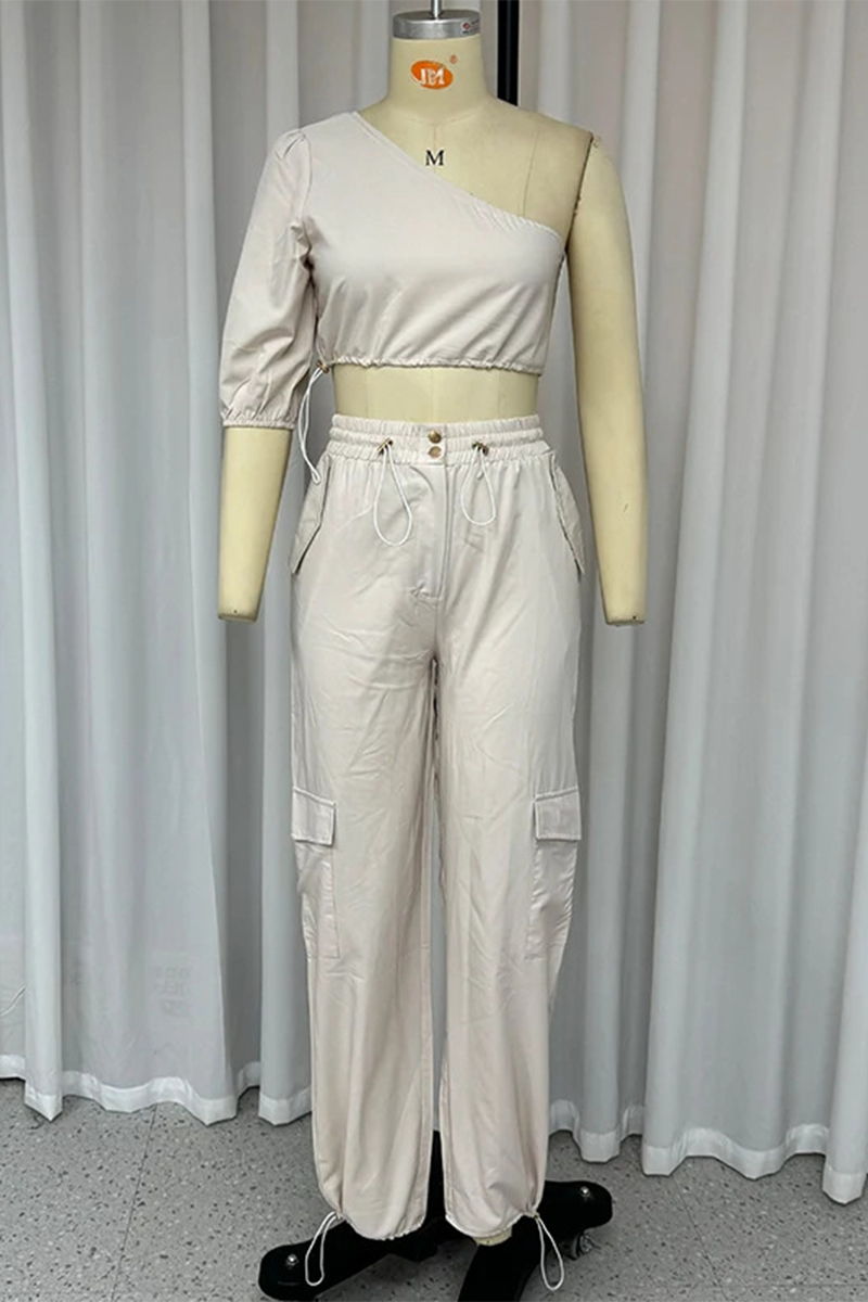 Sexy Daily Solid Color Draw String Buttons Irregular Oblique Collar Short Sleeve Two Pieces - Fashionpara
