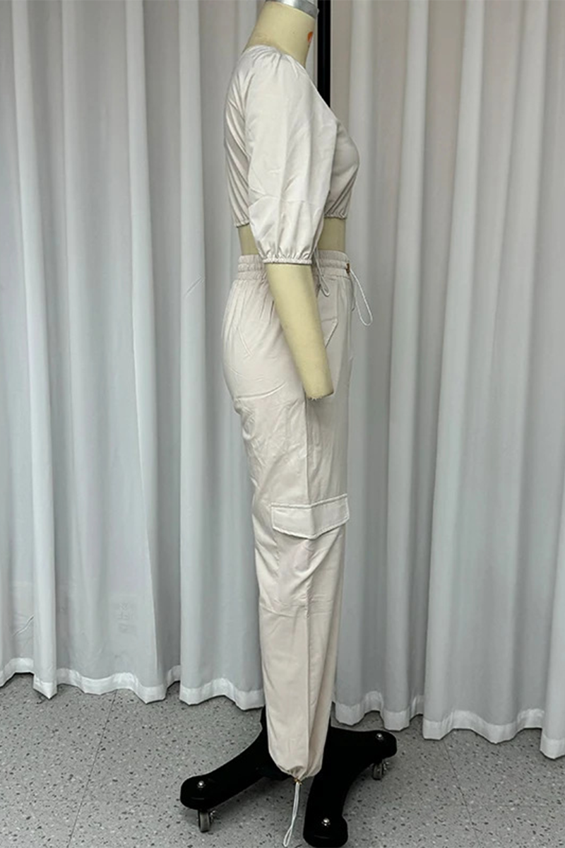 Sexy Daily Solid Color Draw String Buttons Irregular Oblique Collar Short Sleeve Two Pieces - Fashionpara