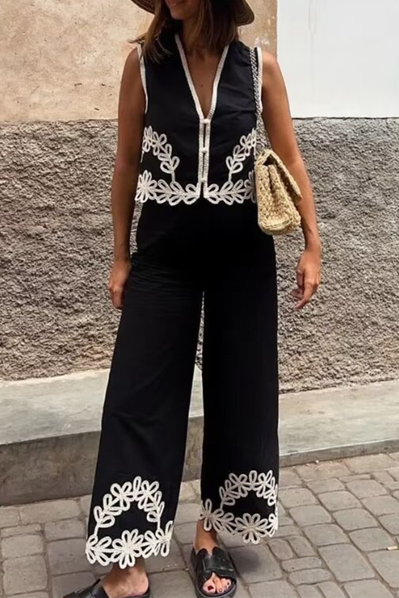 Casual Street Solid Color Embroidered Contrast V Neck Sleeveless Two Pieces - Fashionpara