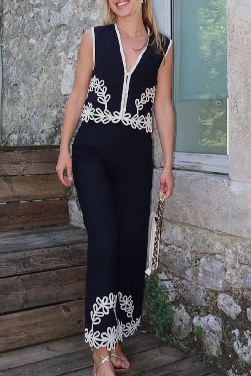 Casual Street Solid Color Embroidered Contrast V Neck Sleeveless Two Pieces - Fashionpara