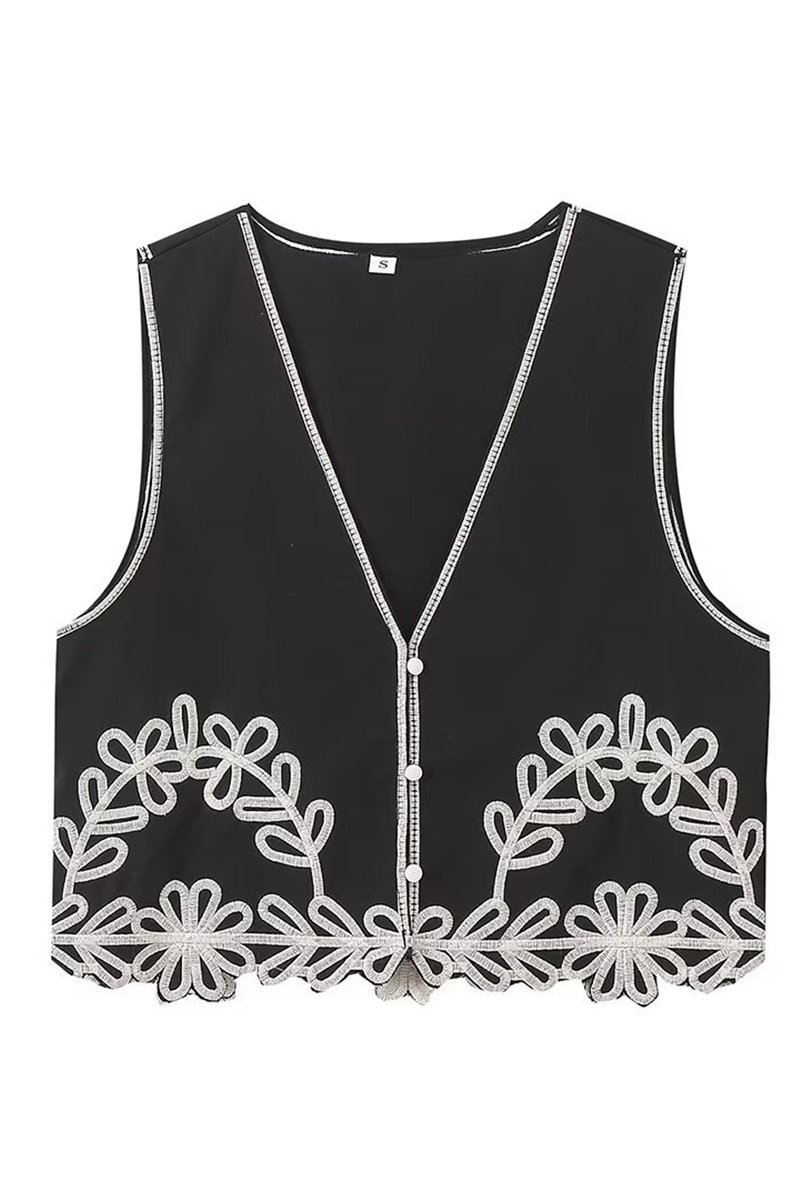 Casual Street Solid Color Embroidered Contrast V Neck Sleeveless Two Pieces - Fashionpara