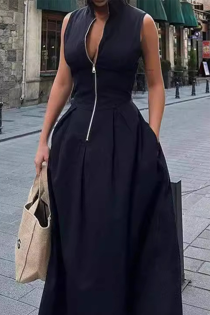 Casual Street Solid Color Pocket Zipper Mandarin Collar Sleeveless Dresses(3 Colors) - Fashionpara