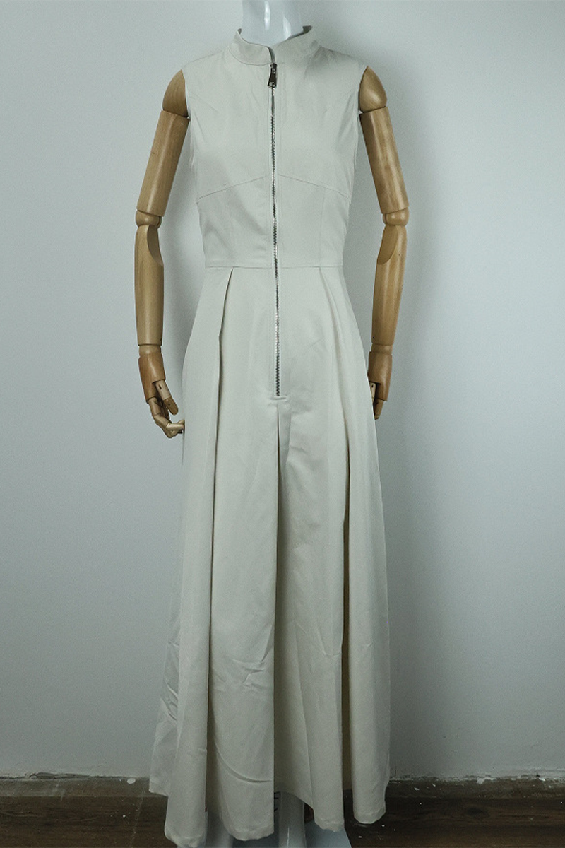 Casual Street Solid Color Pocket Zipper Mandarin Collar Sleeveless Dresses(3 Colors) - Fashionpara