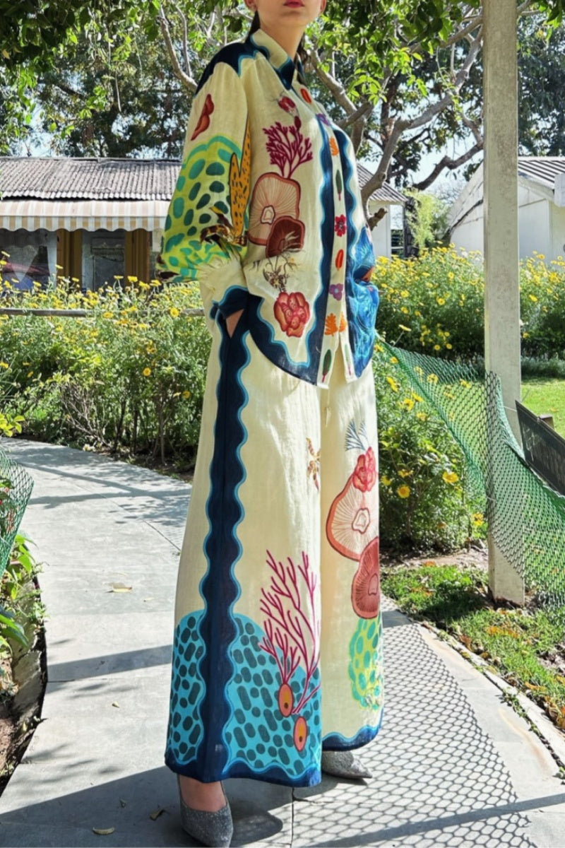 Casual Print Basic Turndown Collar Long Sleeve Two Pieces - Fashionpara