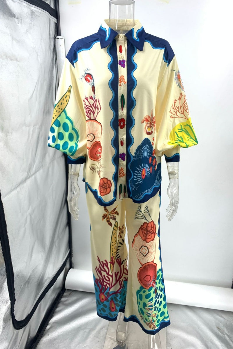 Casual Print Basic Turndown Collar Long Sleeve Two Pieces - Fashionpara